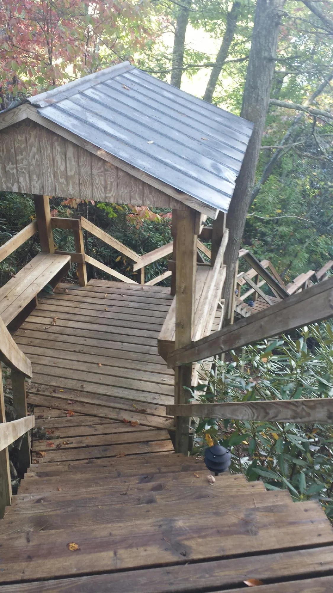 Metal roofed shelter over wooden steps on a wooded walkway — Skylight Repair & Installation work by our crew in Grampian